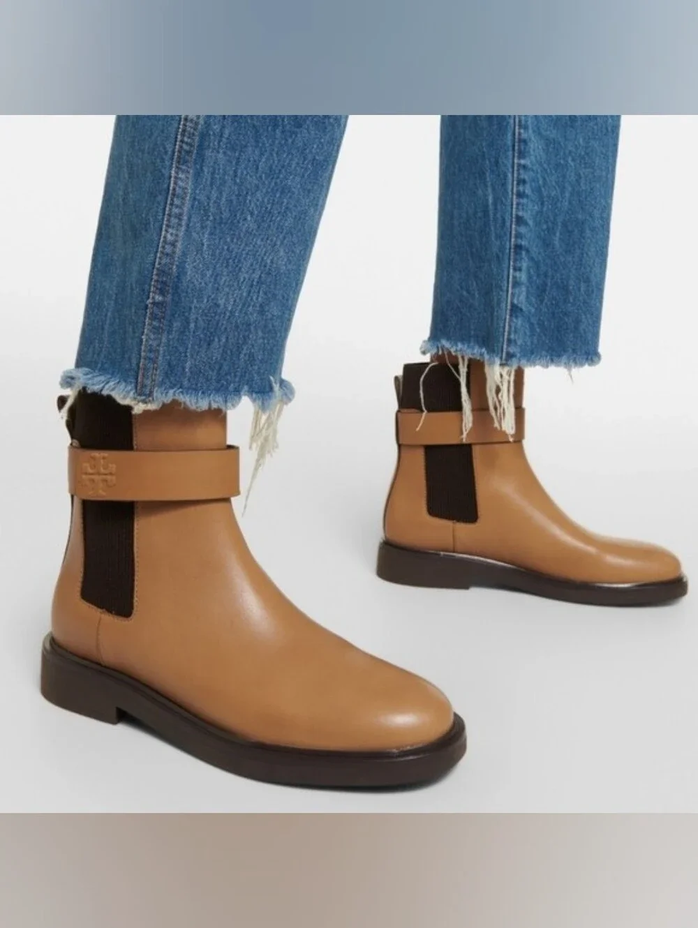 Tory Burch Embossed Leather Double T Chelsea Ankle Boots Size 7.5